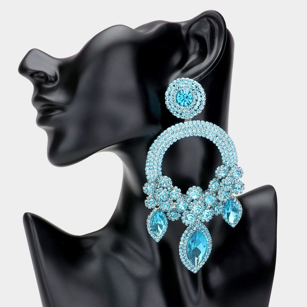 Aqua Blue Crystal Flower Oversized Dangle Earrings Big Sexy Large Statement Jew